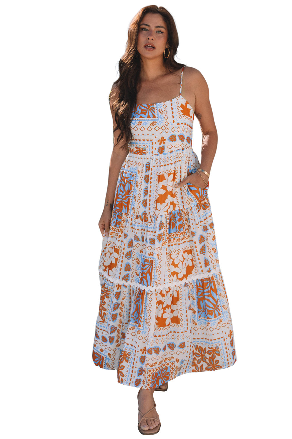 Orange Multi Printed Ricrac Trim Spaghetti Straps Maxi Dress