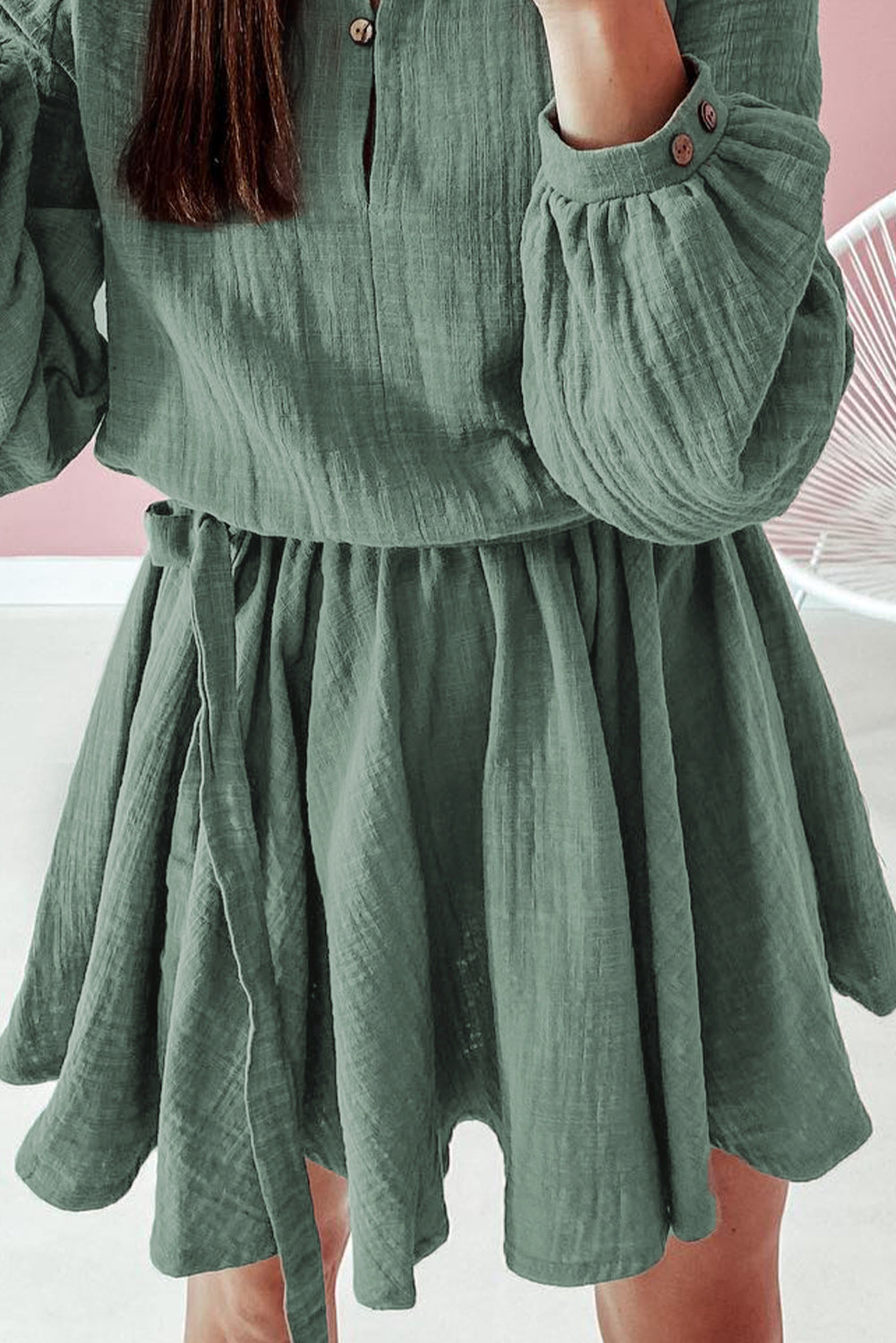 Jungle Green Button Neck Puff Sleeve Belted Pleated Mini Dress