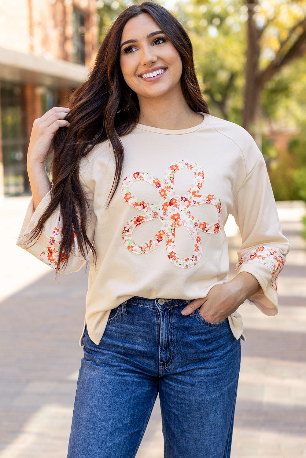 Beige Flower Patch Graphic Exposed Seam Wide Sleeve Top