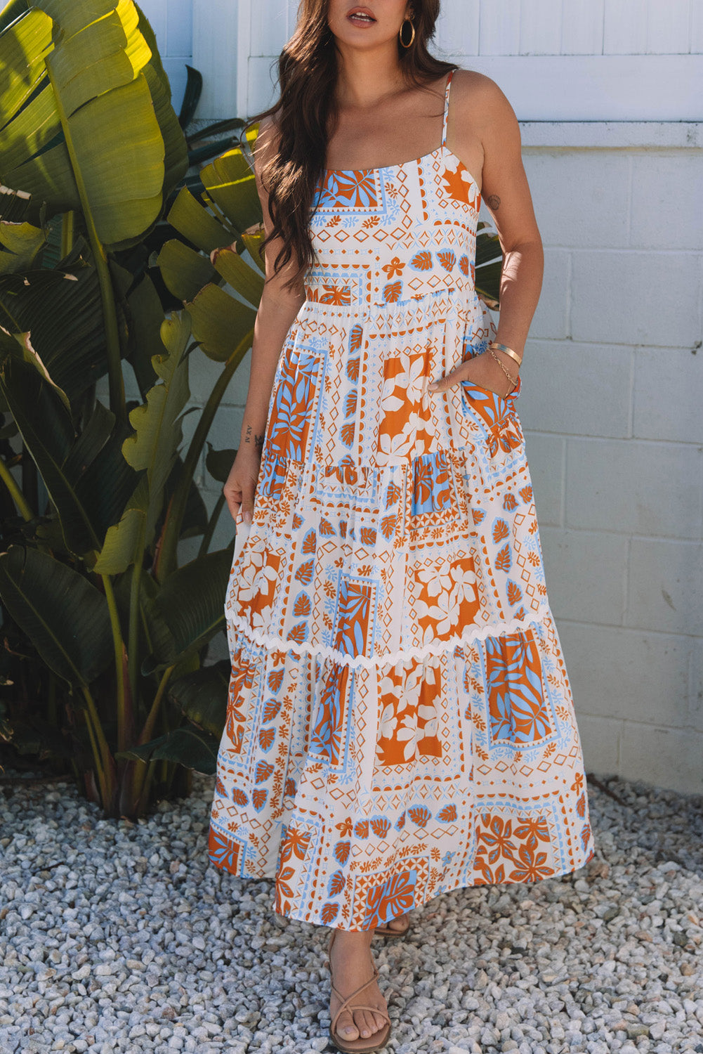 Orange Multi Printed Ricrac Trim Spaghetti Straps Maxi Dress