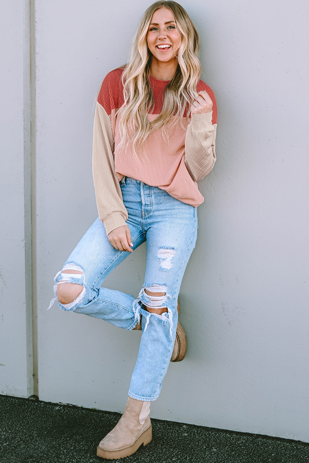 Fiery Red Color Block Long Sleeve Ribbed Loose Top