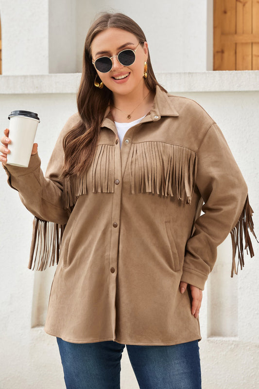 Khaki Fringe Trim Plus Size Suede Shacket