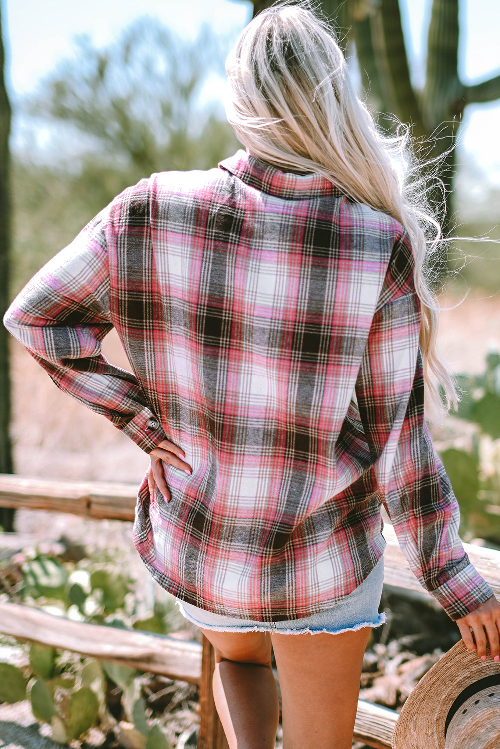 Pink Plaid Flap Pocket Button Up Shacket