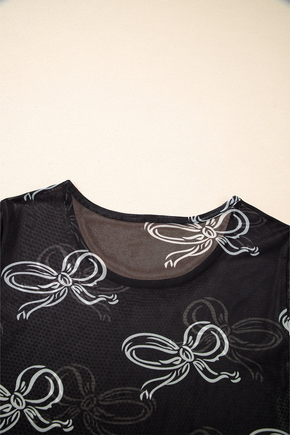 Black Bow Printed Mesh Short Sleeve Top