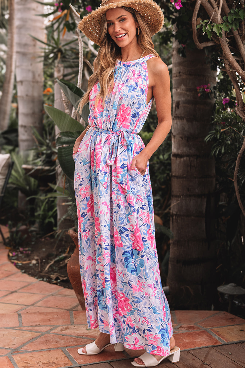 Sky Blue Floral Printed Sleeveless O Neck Knot Waist Maxi Dress