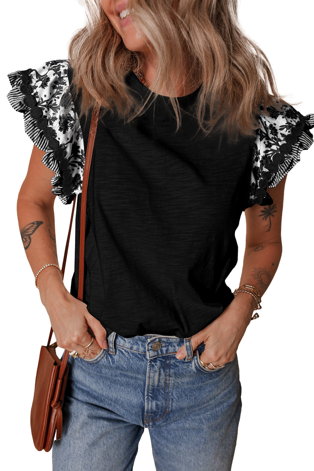 Black Ricrac Trim Printed Flutter Sleeve Contrast Patchwork Blouse