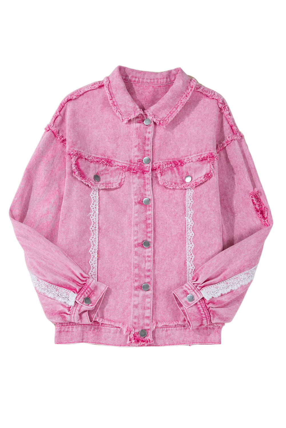 Pink Lace Patchwork Distressed Buttoned Denim Jacket