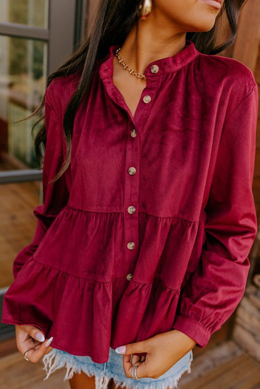 Burgundy Corduroy Ruffle Tiered Buttoned O Neck Shirt