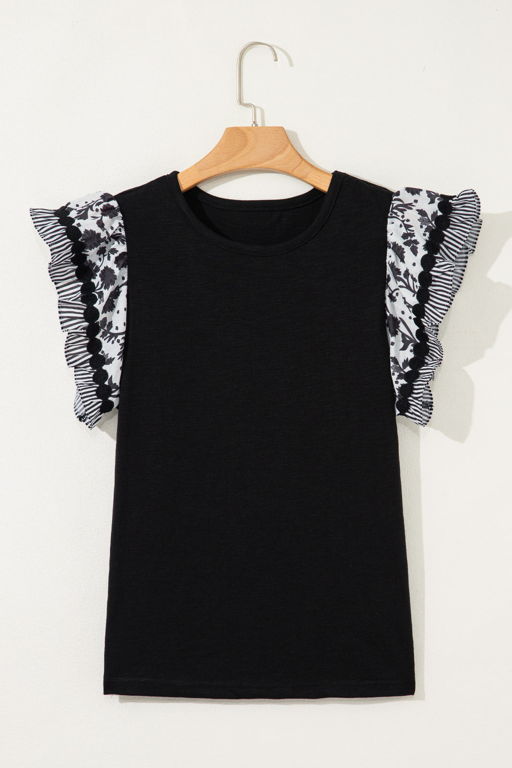 Black Ricrac Trim Printed Flutter Sleeve Contrast Patchwork Blouse