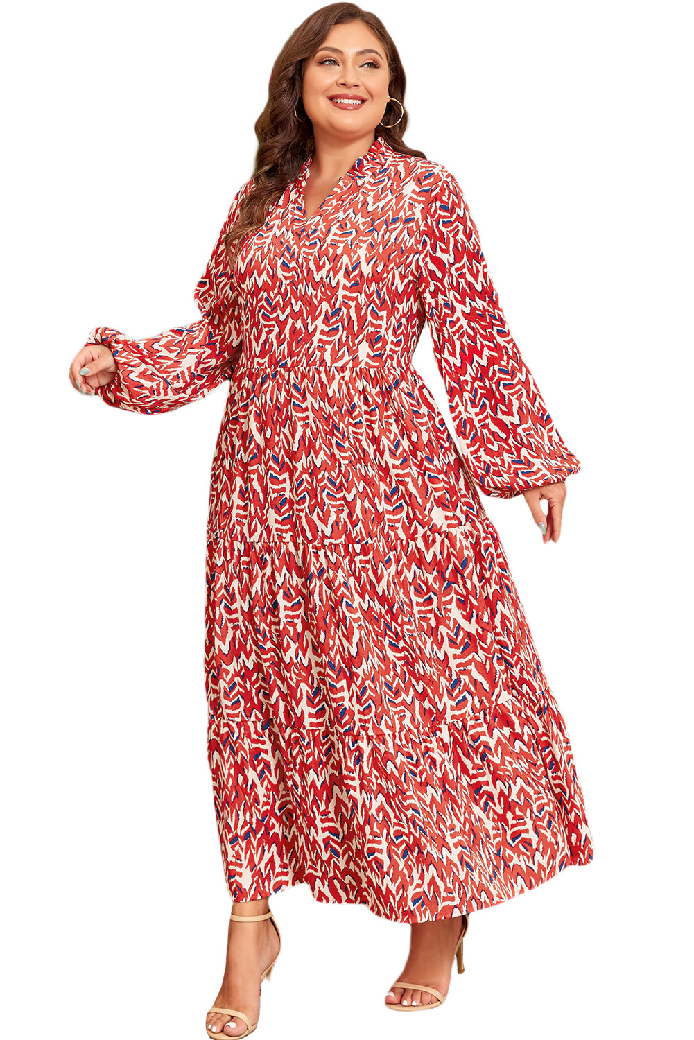 Plus Size Abstract Print Notch V Neck High Waist Maxi Dress