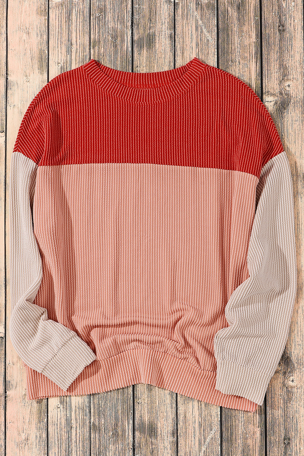 Fiery Red Color Block Long Sleeve Ribbed Loose Top