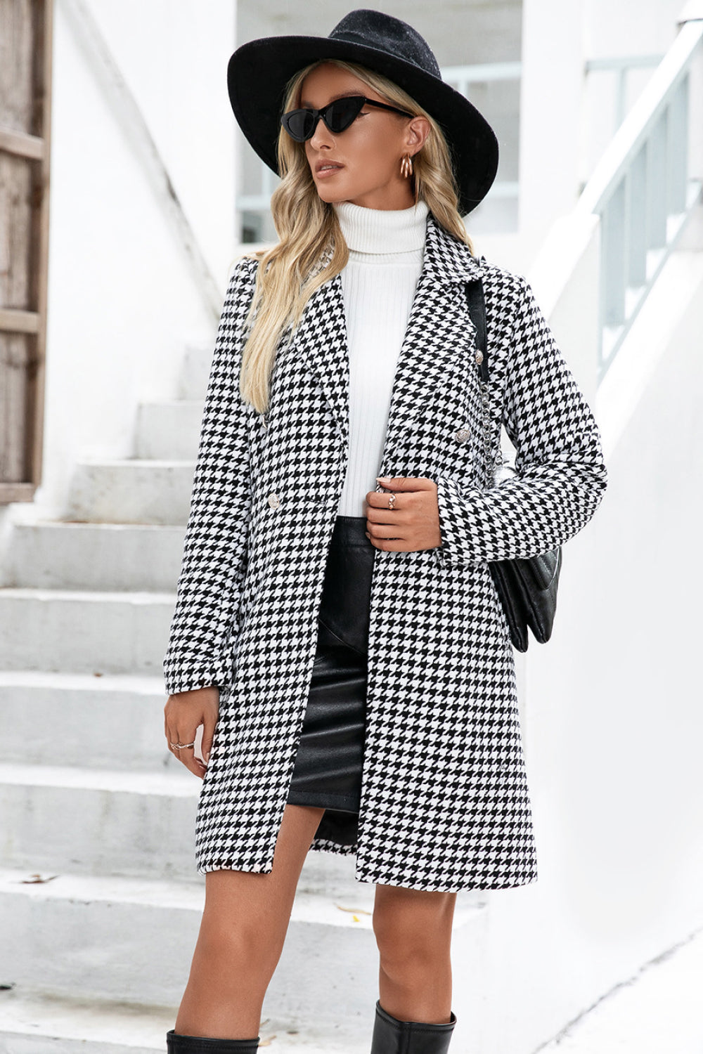 Houndstooth Double Breasted Tweed Coat