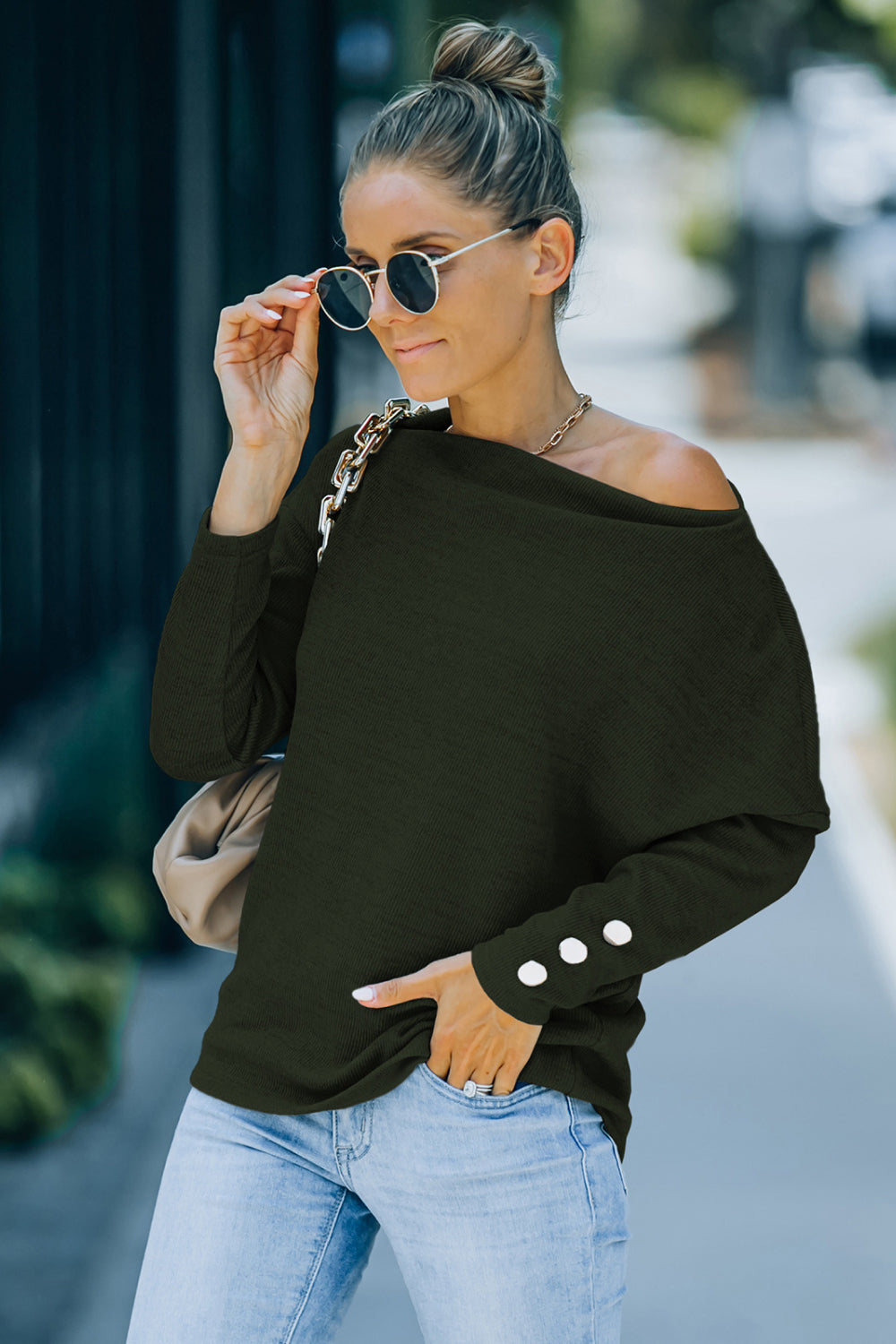One Shoulder Button Sleeve Top