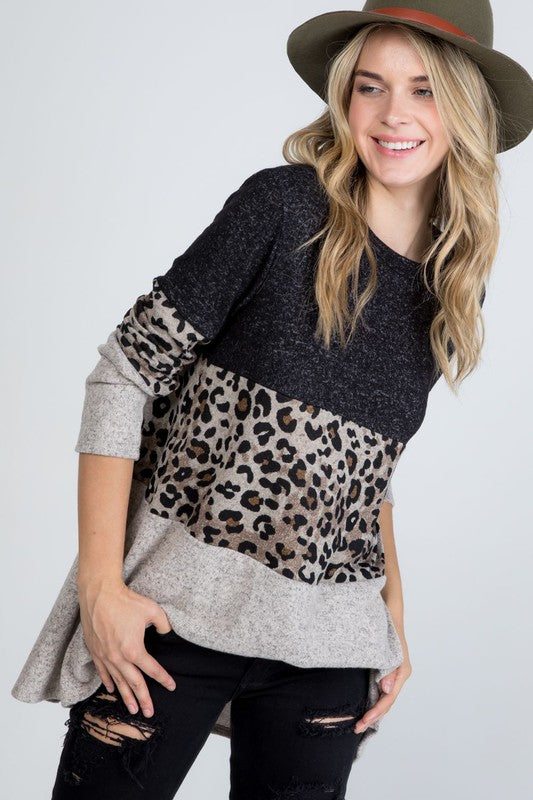 Full Size Run Animal Print Color Block Brushed Sweater